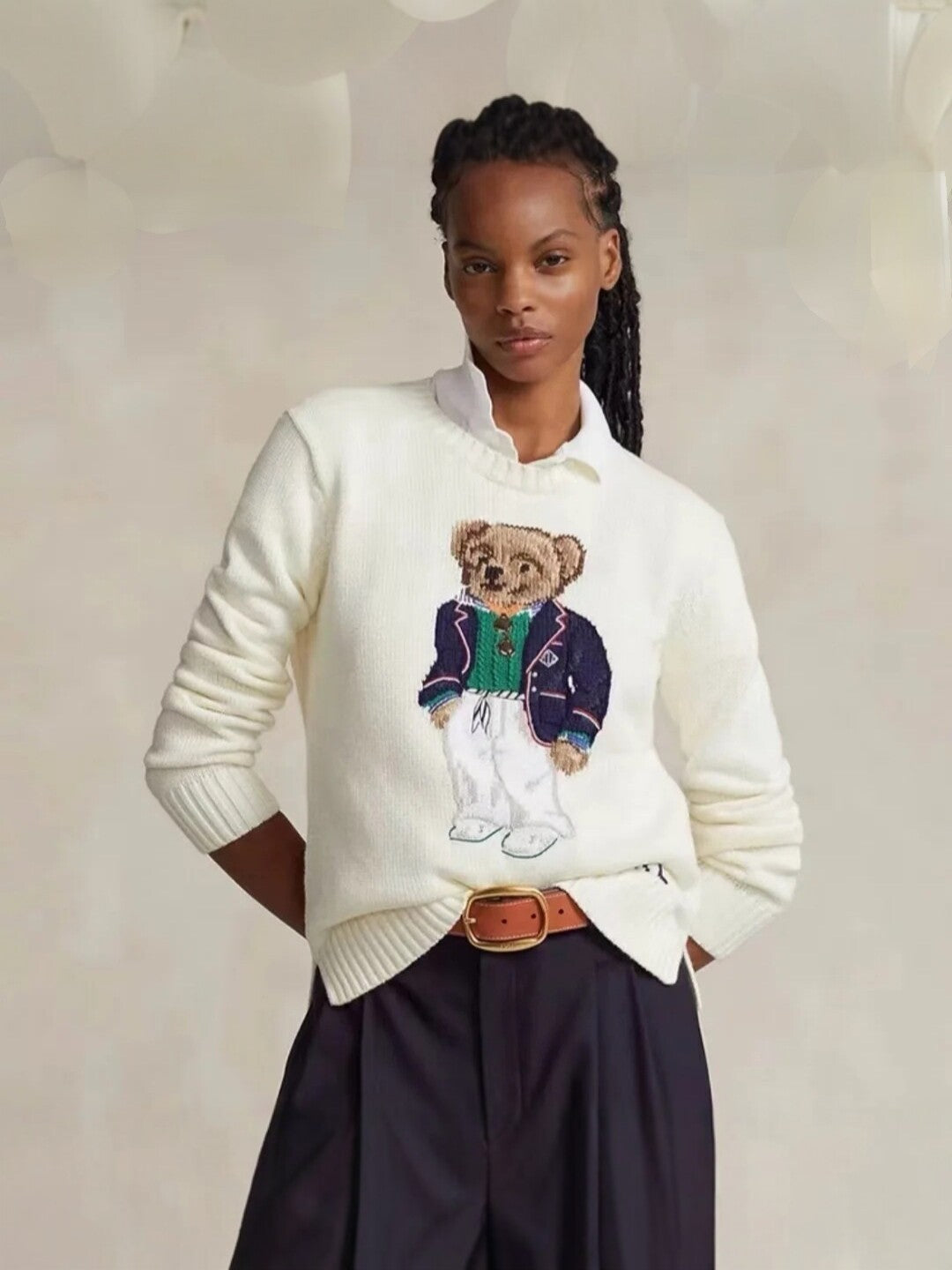 2026 New Pure Cotton Embroidered Bear Crew Neck Knit Sweater for Women, Autumn/Winter, Loose Casual Heavy-Duty Cartoon Sweater