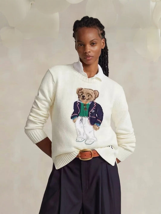 2026 New Pure Cotton Embroidered Bear Crew Neck Knit Sweater for Women, Autumn/Winter, Loose Casual Heavy-Duty Cartoon Sweater