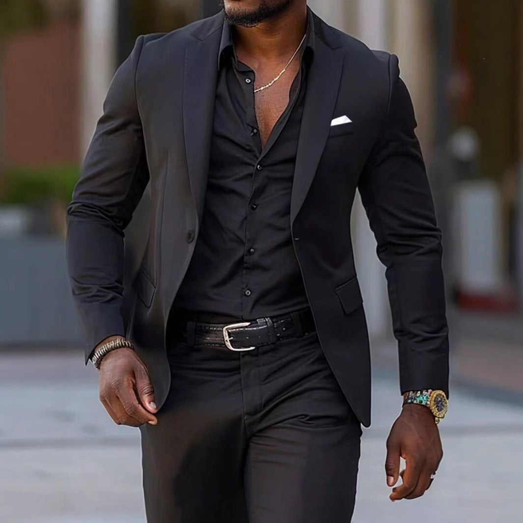 Cross-border  new men's solid color slim-fit suit set, youth fashion casual banquet gown two-piece set