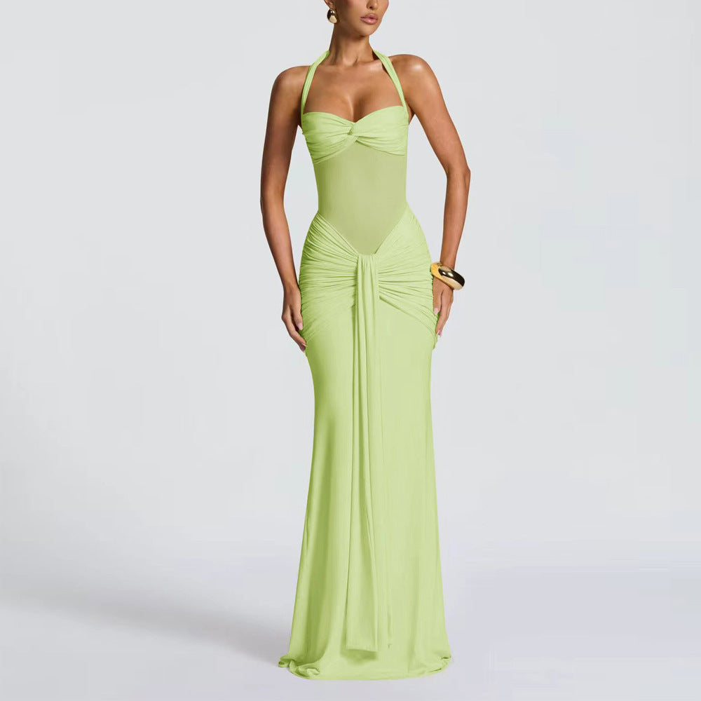 European and American 2026 new women's temperament pleated streamer evening dress foreign trade fashion halterneck sexy hip wrap dress