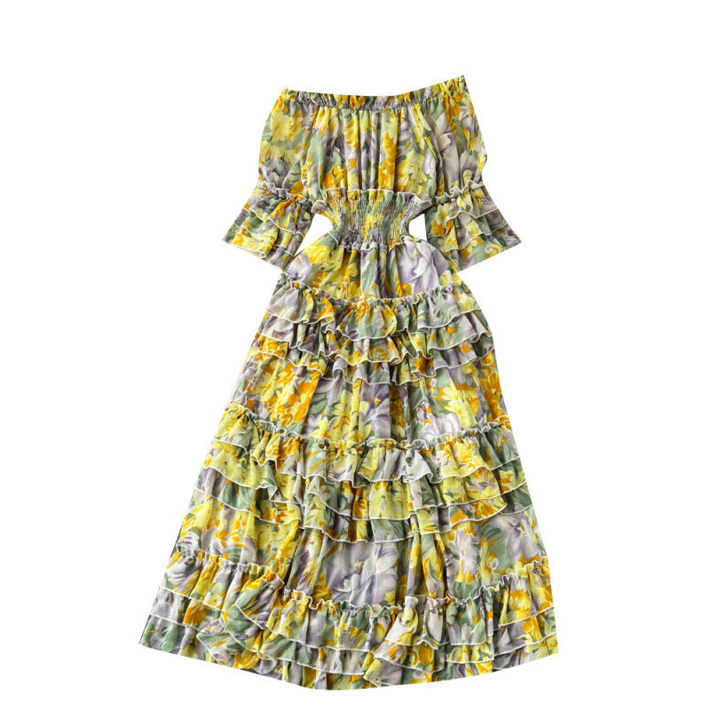 One-shoulder floral French vintage slimming cake skirt large swing dress short sleeve temperament commuter slim fit