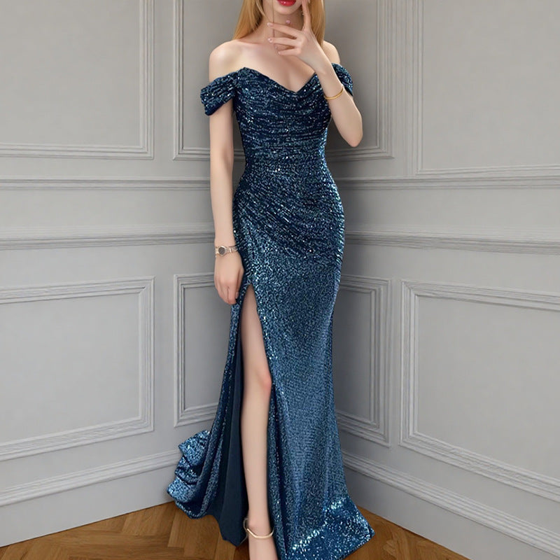 Cross-border wholesale European and American dresses sequins one-neck slit long skirts fashion banquet skirts sexy dress skirts