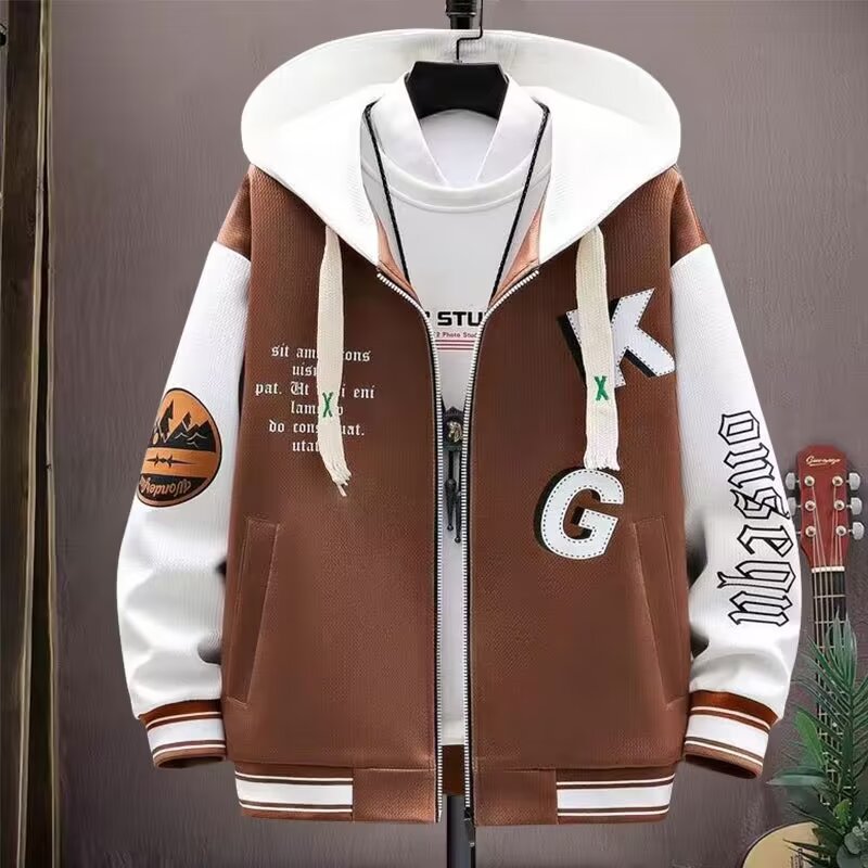 Jacket men's spring and autumn new hooded sweatshirt for teenagers and big boys handsome and trendy brand baseball uniforms for junior high and high school students