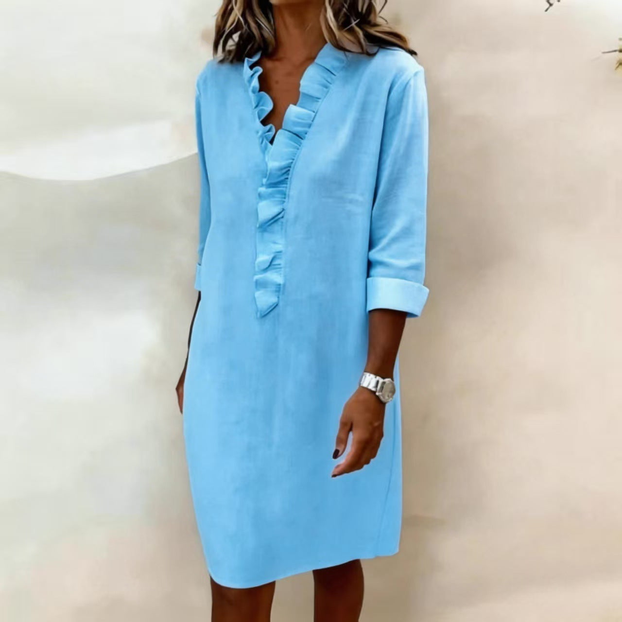 European and American cross-border spring new fashion commuting slimming women's fungus edge long sleeve cotton and linen shirt dress