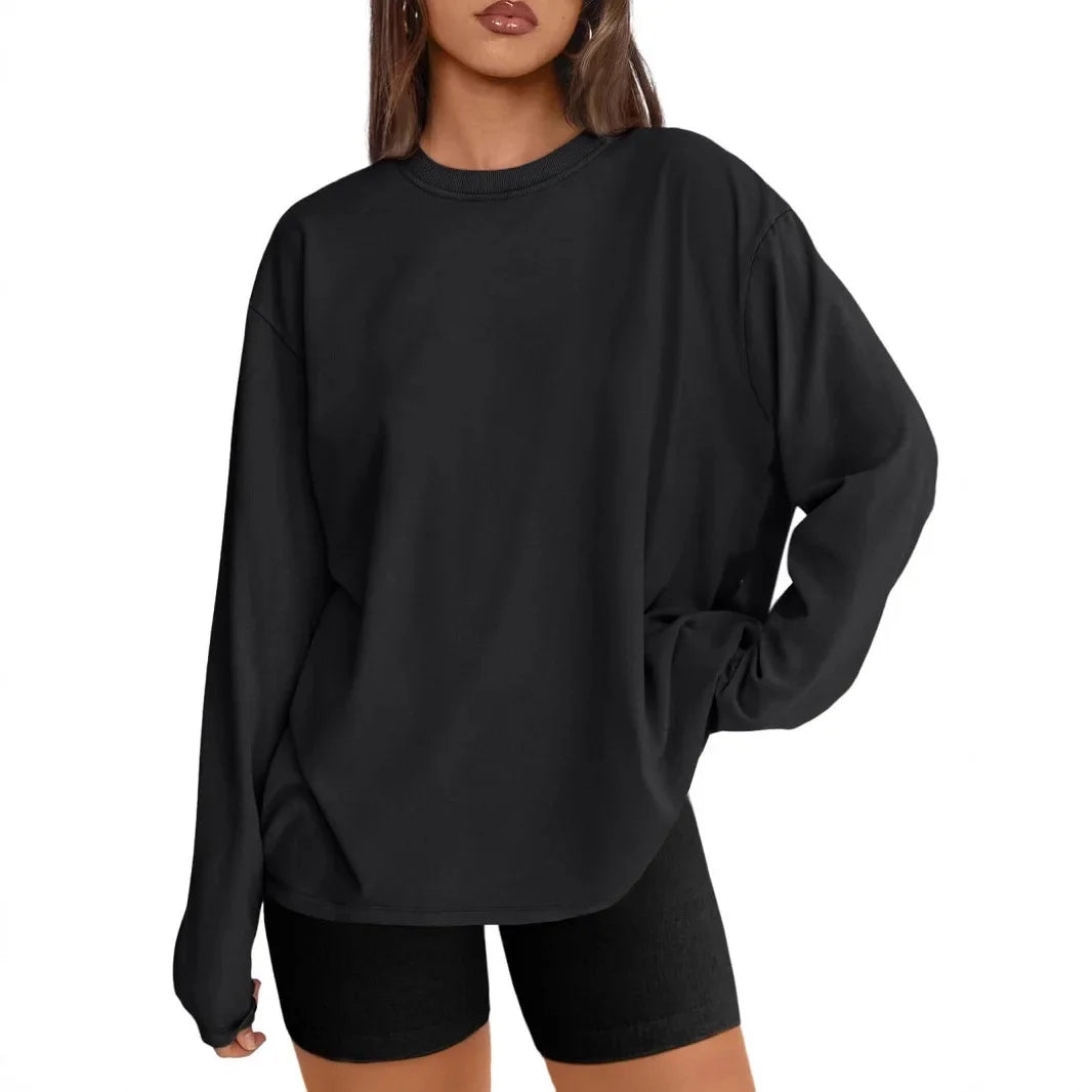 Long Sleeve Crew Neck Solid Color T-Shirt for Women Comfortable Cotton Top Fashionable