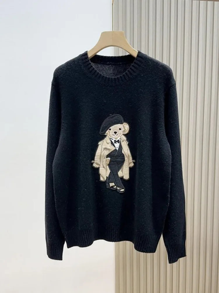 European Style Luxury Brand Loose O-Neck Bear Pullover Tops Knitwear Woman Long Sleeve T-shirt Ladies Wool Knitted Sweater Tops