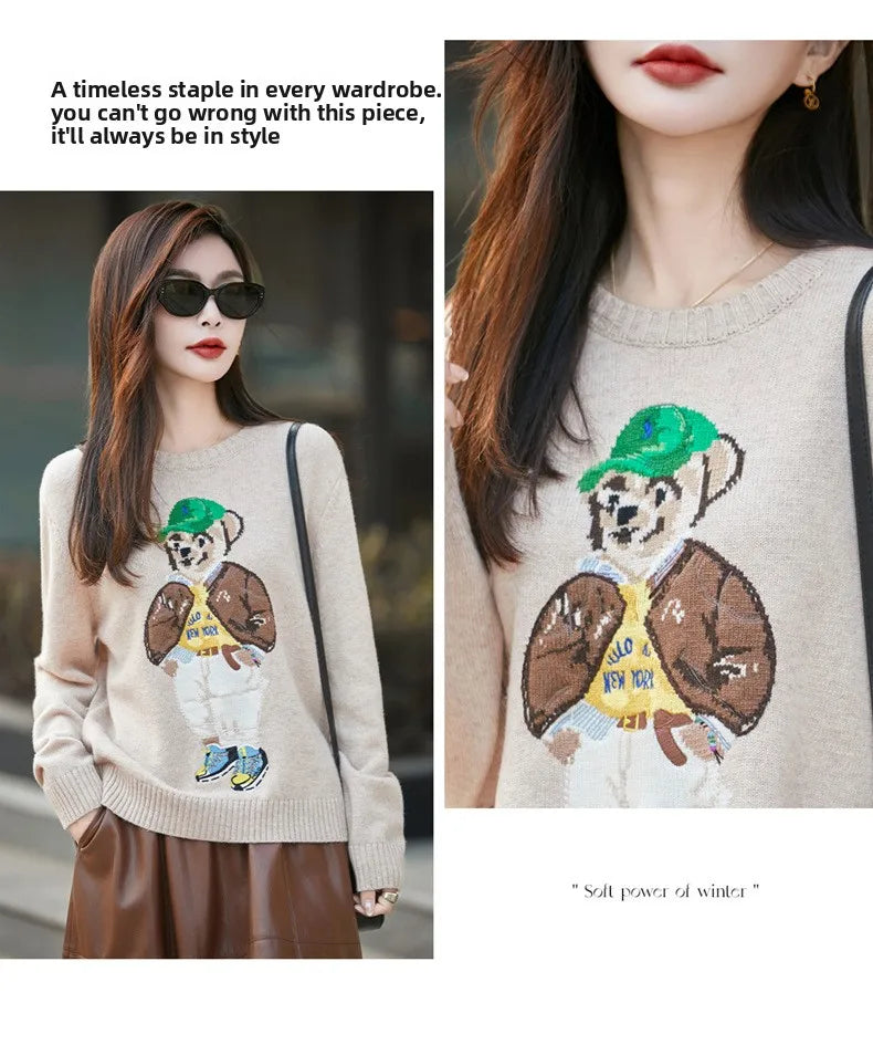 Thickened Woolen Knitted Sweater round Neck Embroidery Cartoon Bear Long Sleeve Women's Base Shirt Autumn Winter New Arrival