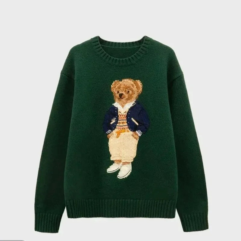 Cartoon Teddy Bear Knitted Embroidery Pullover Women 2025 New Autumn Round Neck Female Knitted Sweater Casual Womens Tops