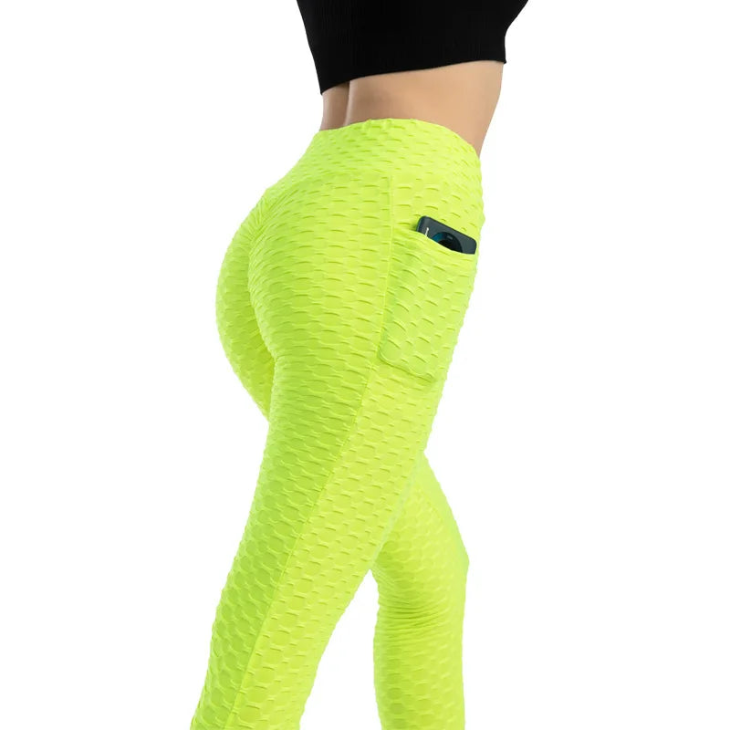 Leggings Women Fashion Pocket Bubble Pants Stretchy Slim Leggings Gym Running Cycling Fitness Pants High Waist Hip Lift Leggings Female