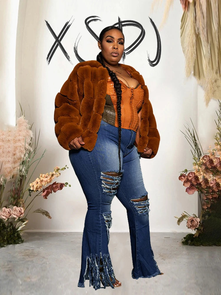 Pus Size  Ladies Jeans High Waist Woman Tassel Vintage Jeans Ripped Plus Size Fashion Elegant Flared Jeans Wholesale Dropshipping