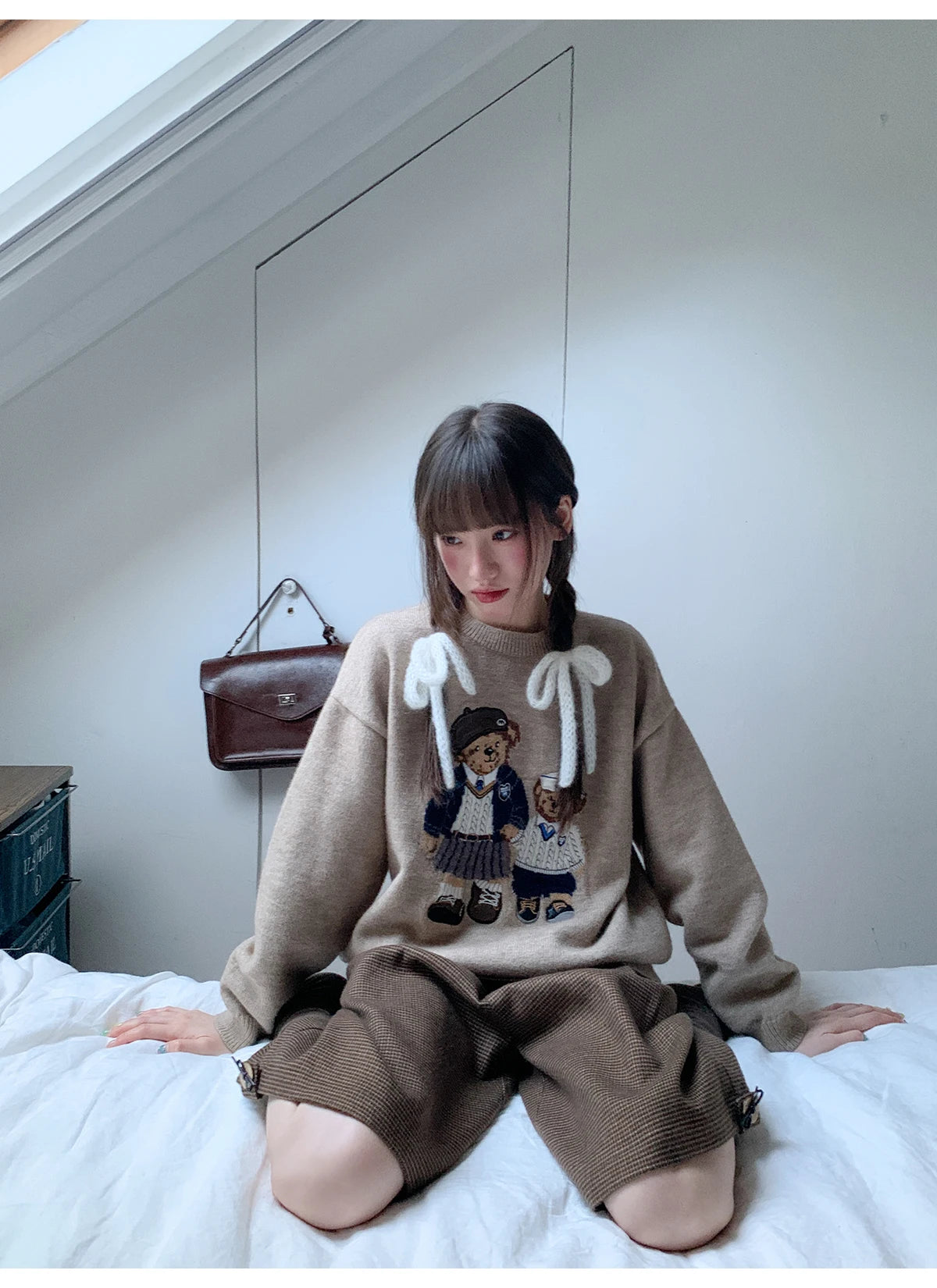 Korean Style Autumn Fashion College Wind Twist Bear Embroidery Knitted Sweater Women's Soft Cozy Overhead Sweater Long Sleeve...