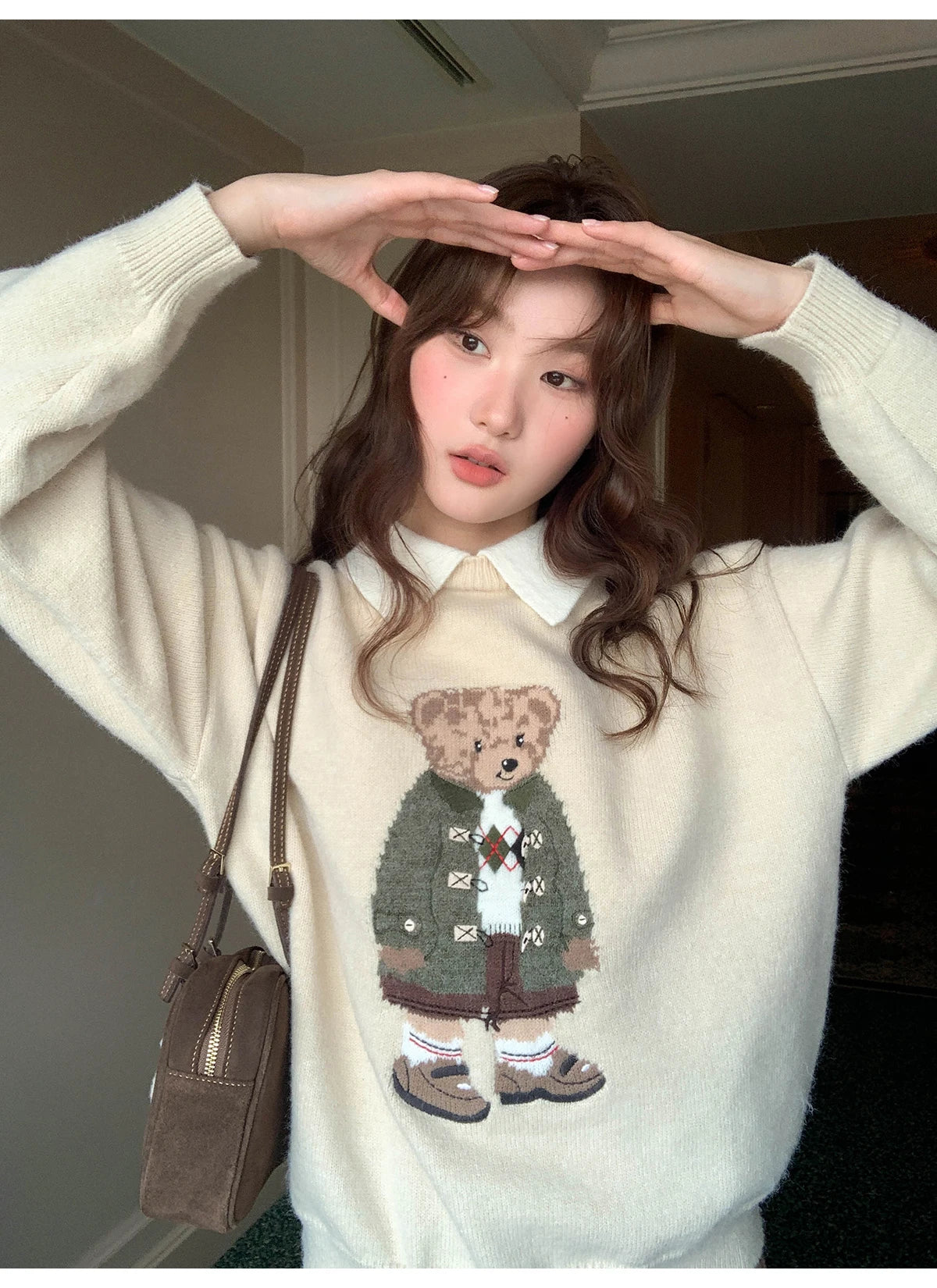 High Quality French Vintage Luxury Bear Jacquard Sweater For Women Autumn New Fashion Korean Casual Loose Pullover Knitted Tops