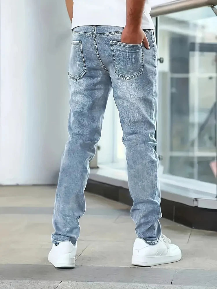 Men's Slim Four-Season Washed Fashion Jeans Stretch Slim Fit Light Blue Gray Black Casual Denim Pants