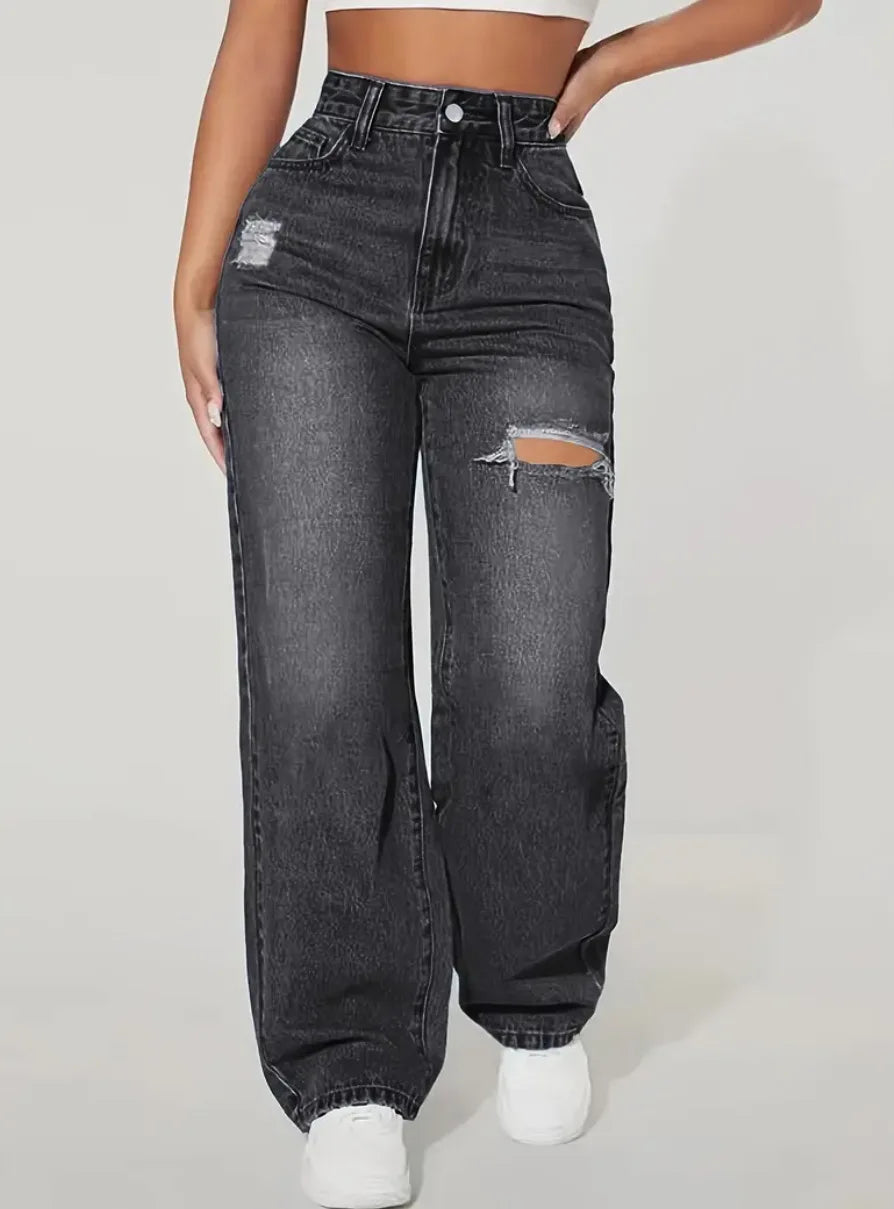 Washed Ripped Jeans, Women Four Seasons New Fashion Personality To Do Old Denim High Waist Straight Comfortable Wide Leg Pants