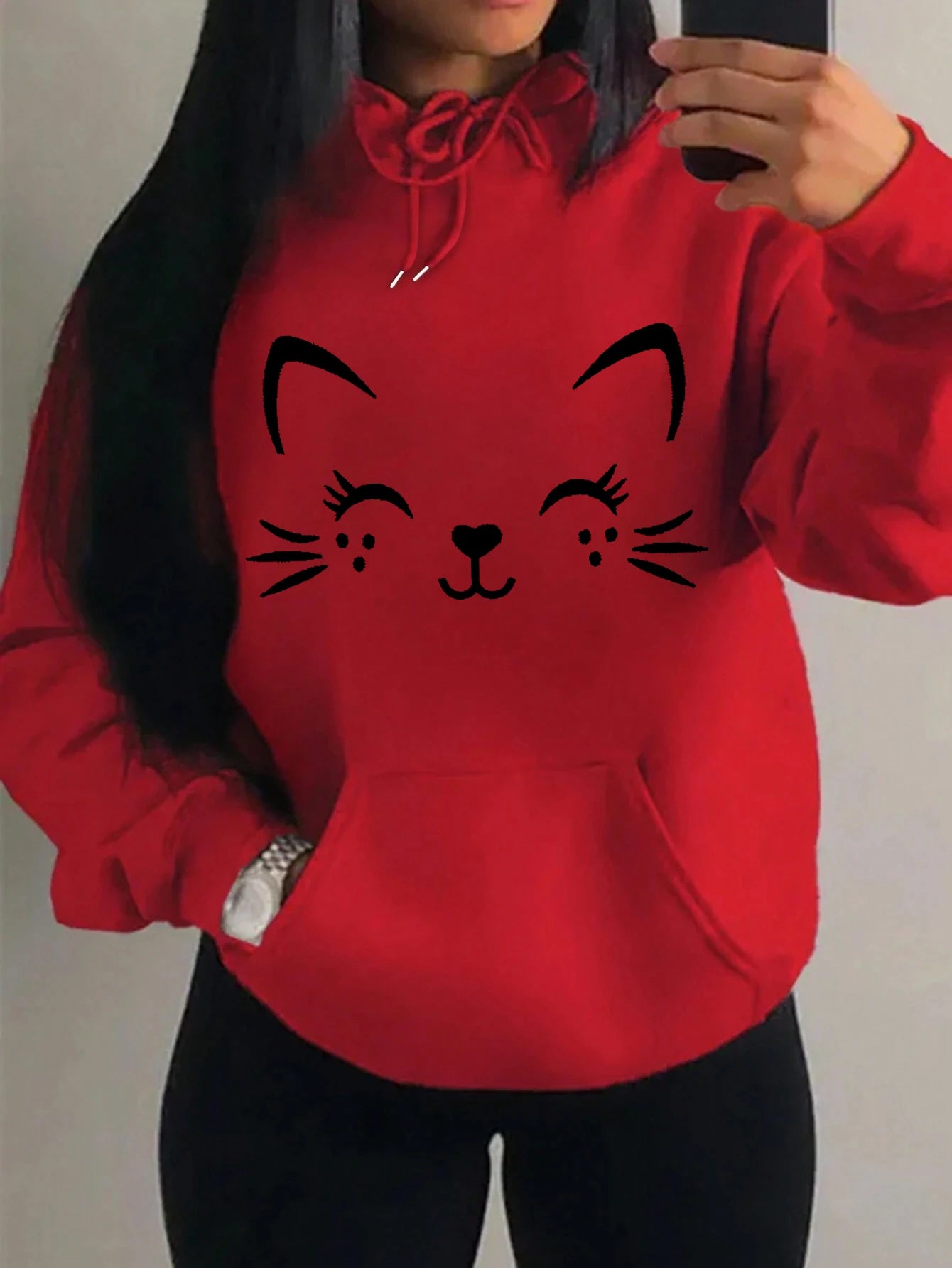 Simple Word Cat Happy Pattern Women Hoodies Fashion Casual Streetwear Personality Hip Hop Hoodie Trendy Fleece Pulloverar