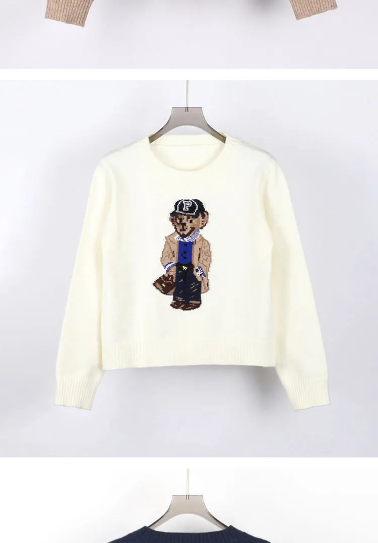 Crochet Bear Knit Sweater Pullover Women Jacquard Knitwear 2024 Autumn Winter RL Tops Coat Luxury Designer Brand Lauren Clothing