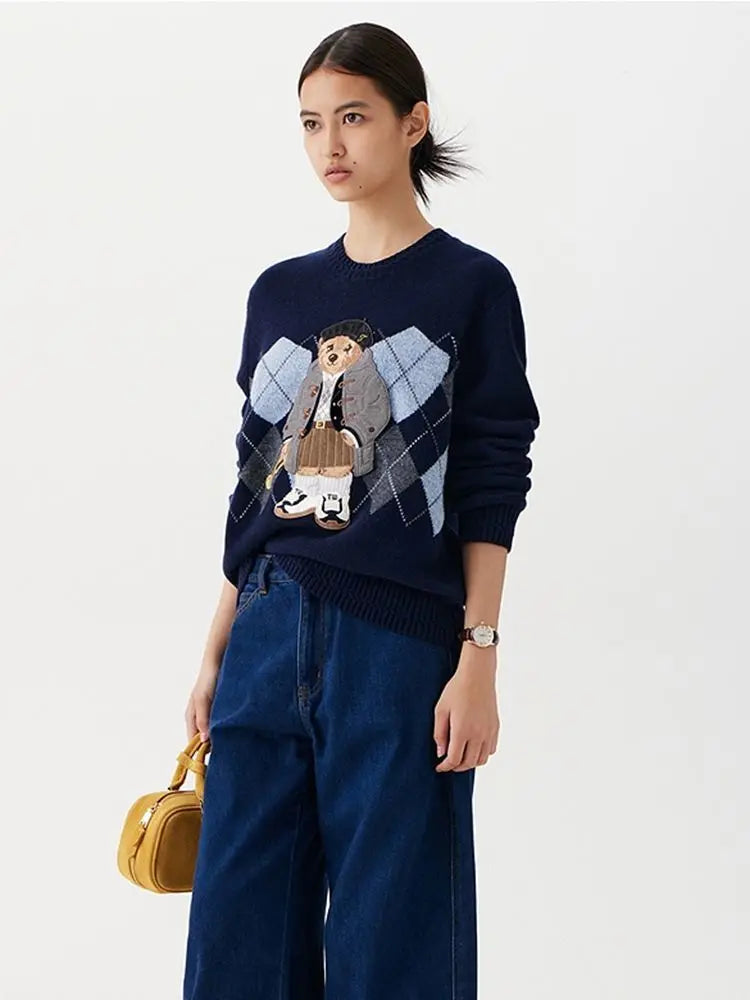 High Street Luxury French Ladies Embroidery Bear Knitted Pullover Sweater For Women Fashion Casual Knitwear Tops Pull Femme