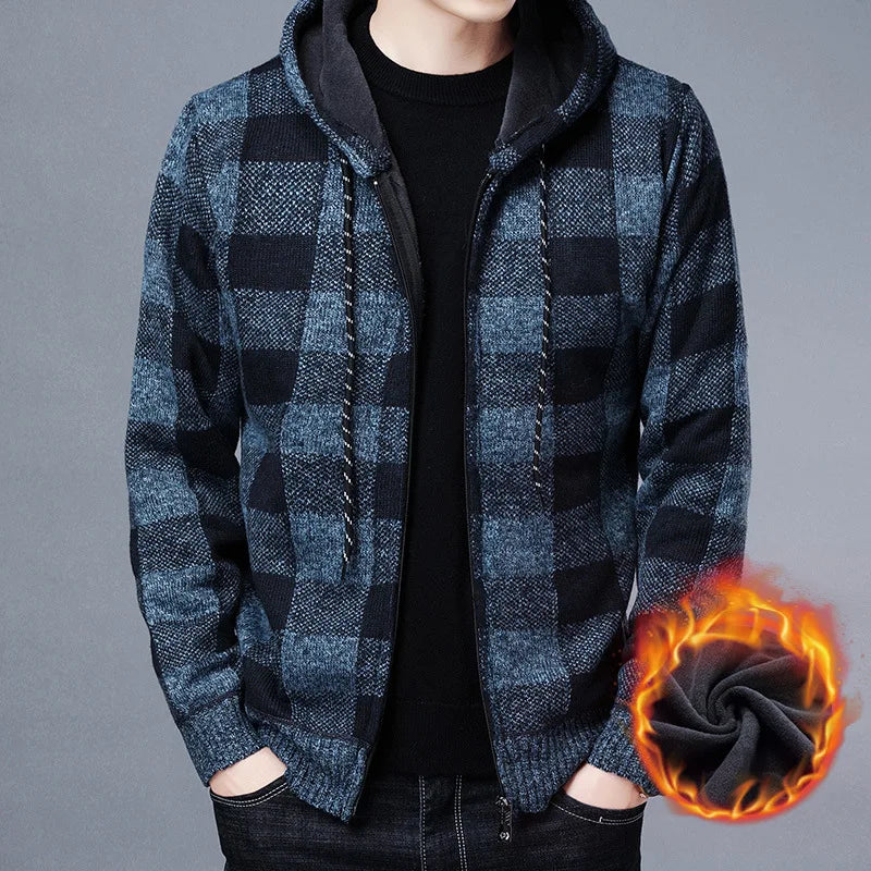Sweater Jacket Fashion Winter Coat Fleece Hoodies High Quality Luxury Checkered Hooded Knit Cardigan Male Outer Wear