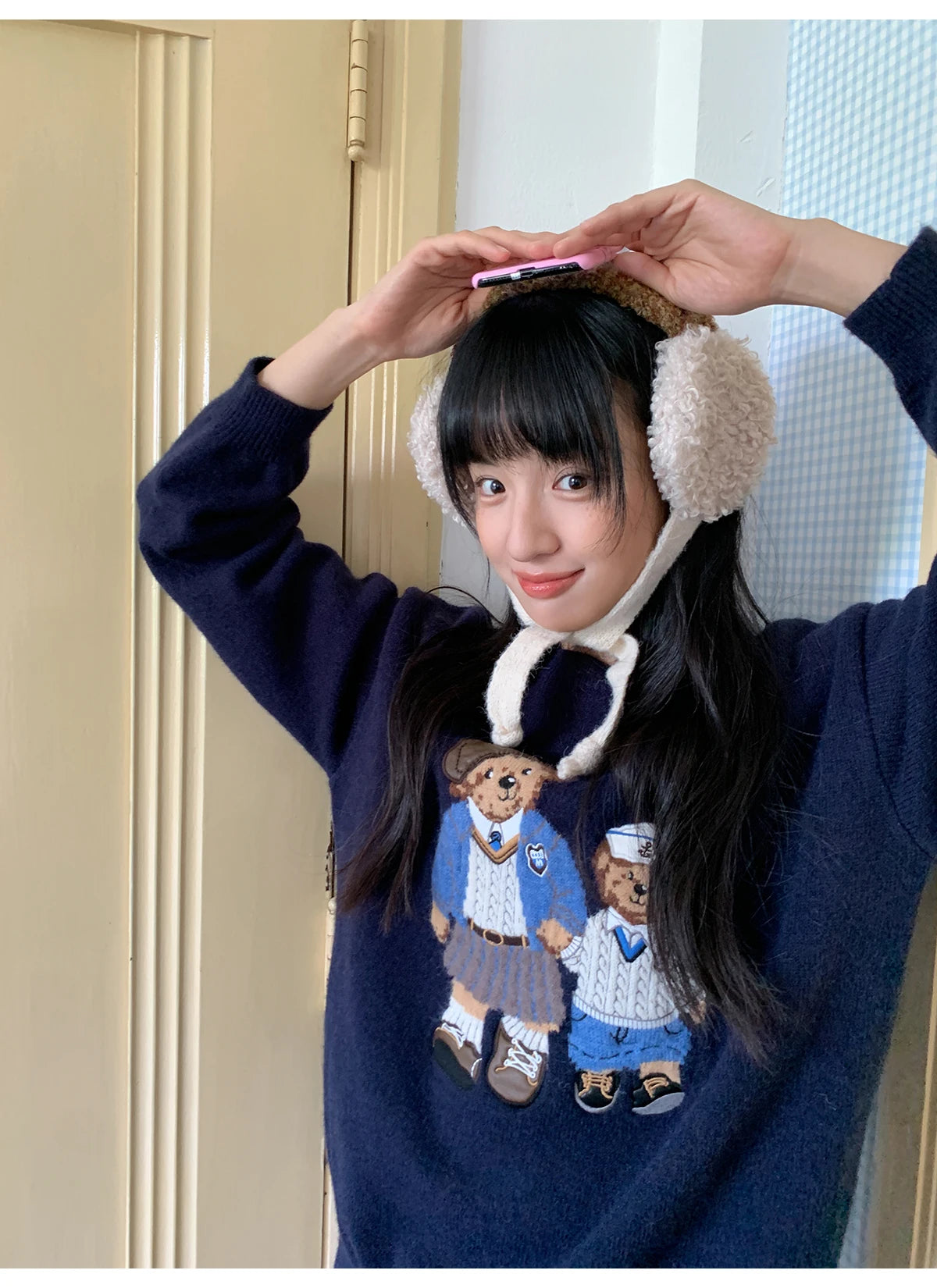 Korean Style Autumn Fashion College Wind Twist Bear Embroidery Knitted Sweater Women's Soft Cozy Overhead Sweater Long Sleeve...