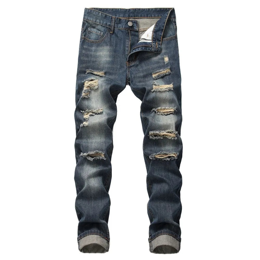 Men Vintage Wash Solid Denim Trouser Mens Casual Slim Fit Pencil Denim Holes Pants 2024