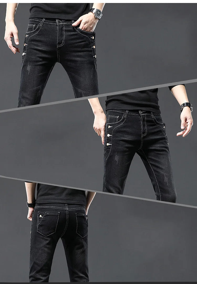 Men's Designer Jeans Snowflake Grey Wash Korean Fashion Stretch Pants Multi-button Denim Trousers