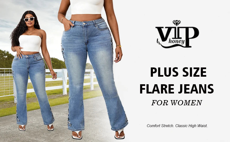Plus Size Fashion Flared Leg Denim Jeans for Women High Waist Distressed Blue Wash Embroidered Details Street Style Curvy Pants