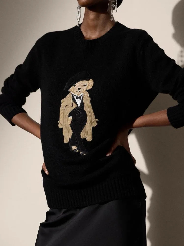 European Style Luxury Brand Loose O-Neck Bear Pullover Tops Knitwear Woman Long Sleeve T-shirt Ladies Wool Knitted Sweater Tops