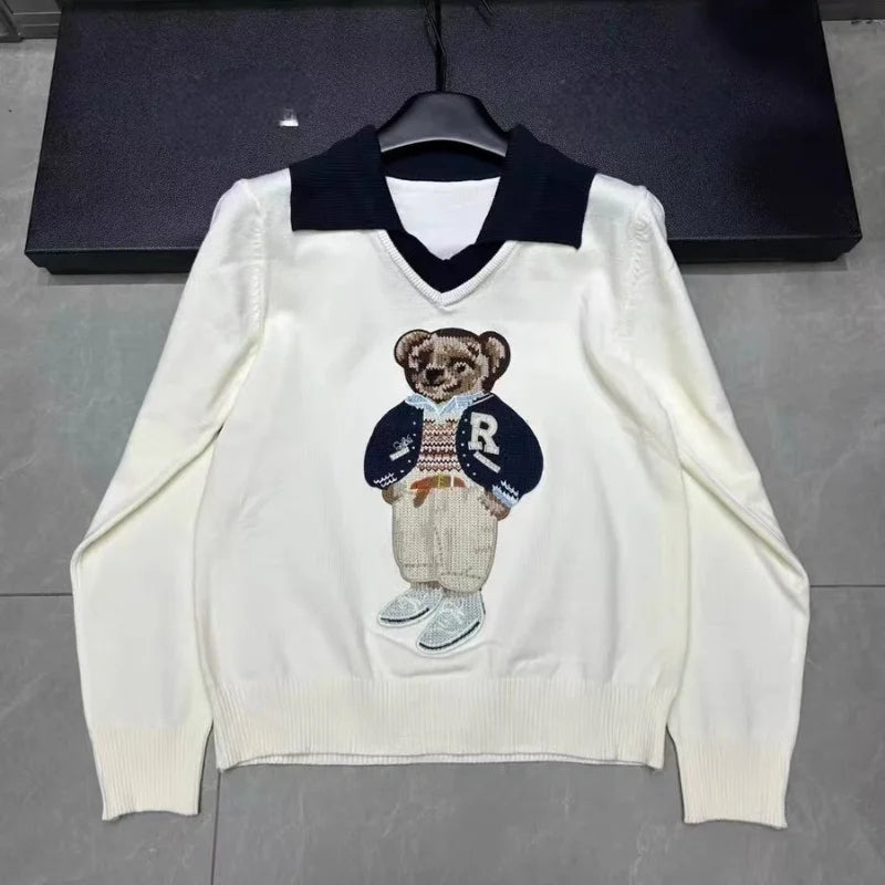 Knitted Sweater Women Design Bear Cartoon Embroidery Long Sleeve Pullover Tops Jumper Autumn