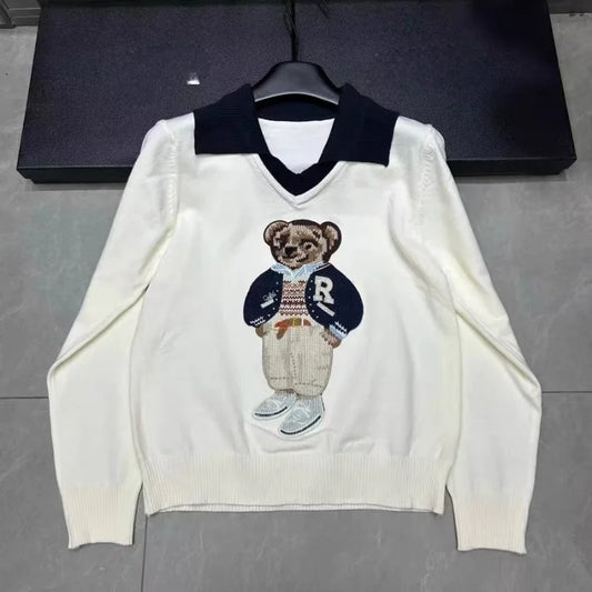 Knitted Sweater Women Design Bear Cartoon Embroidery Long Sleeve Pullover Tops Jumper Autumn
