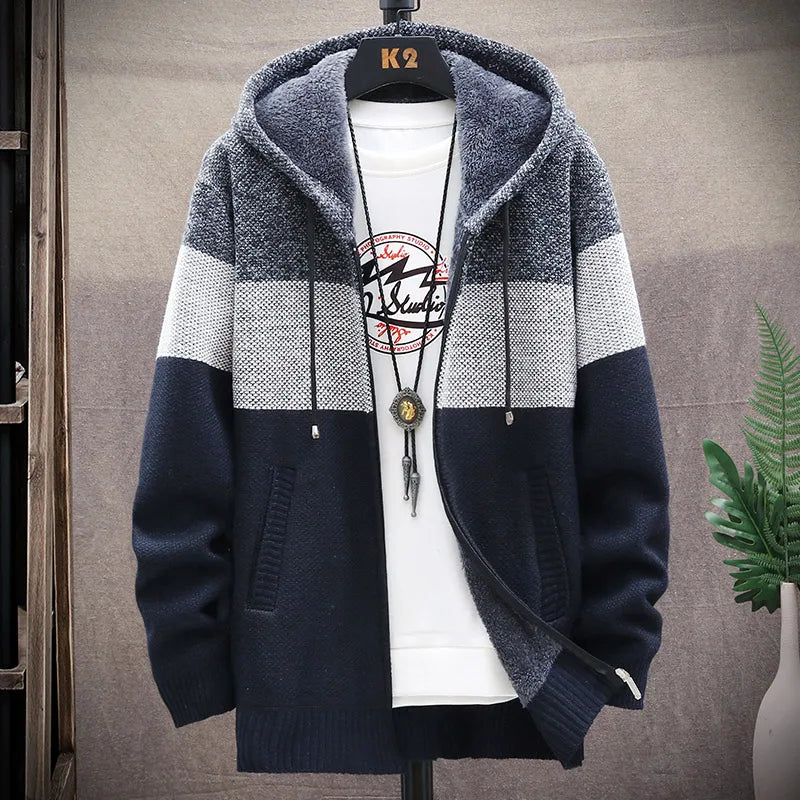 Sweater Fleece Coat Striped Jackets Fashion Hoodies Winter Autumn Thick Warm Windbreaker Pullovers Male Clothing