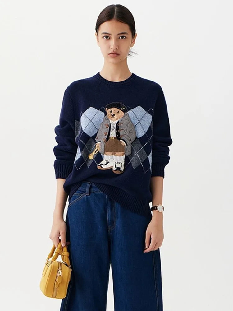 High Street Luxury French Ladies Embroidery Bear Knitted Pullover Sweater For Women Fashion Casual Knitwear Tops Pull Femme