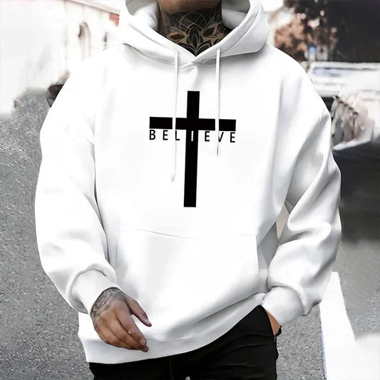 Men's Jesus Cross Print Hoodie, Street Style, Casual, Urban Fashion, Unisex Hoodie, Autumn/Winter Long-Sleeved Hoodie