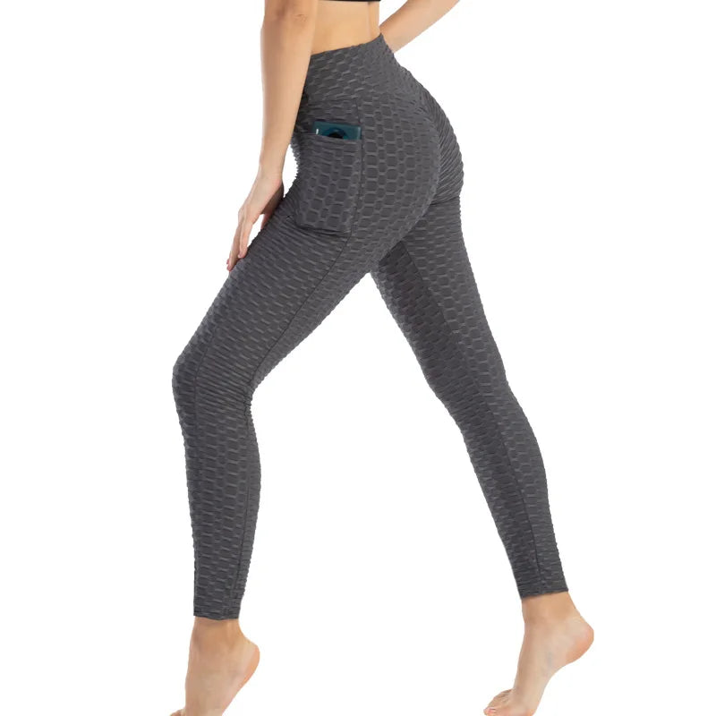 Leggings Women Fashion Pocket Bubble Pants Stretchy Slim Leggings Gym Running Cycling Fitness Pants High Waist Hip Lift Leggings Female