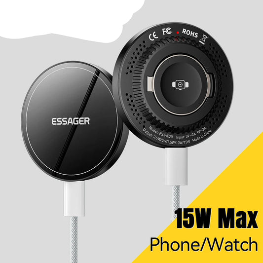 Essager 2-in-1 Magnetic Wireless Charger 15W With Holder Portable Fast Charging For iPhone 16 15 14 Pro Max iWatch Huawei Xiaomi