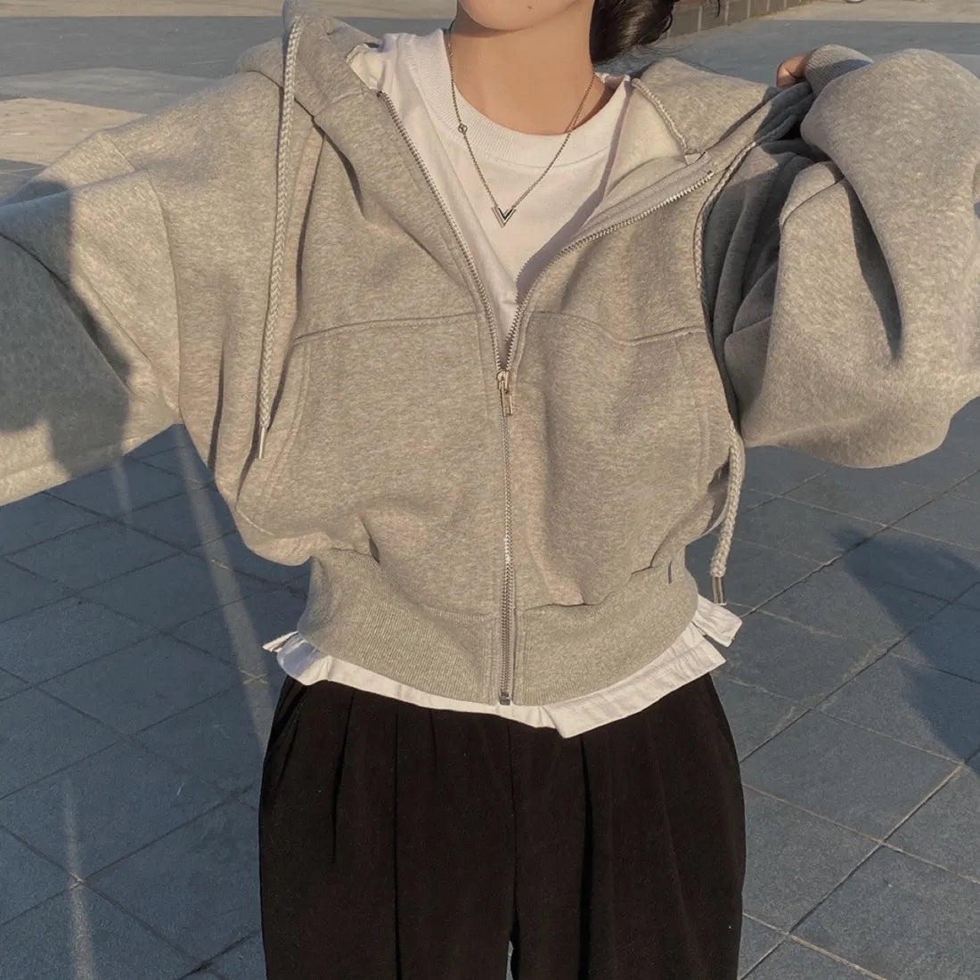 Hoodies Women ,Casual Hood Sweatshirt Women Y2K Zip Up Hoodies Solid Harajuku Long Sleeve Shirt Oversized Crop Tops Female Loose Jackets Coat