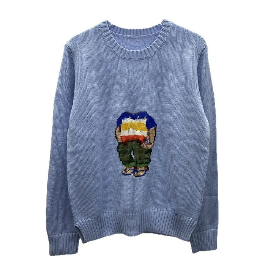 Soft Cotton Knit Sweater Women's Bear Embroidery Round Neck Top Autumn Winter Comfortable Wear Casual Embroidery Pullover
