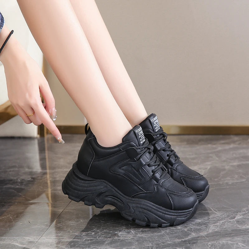 Women Sneakers Lace-Up Thick Bottom Vulcanize Shoes Woman Pu Leather Breathable Sports Shoes Ladies