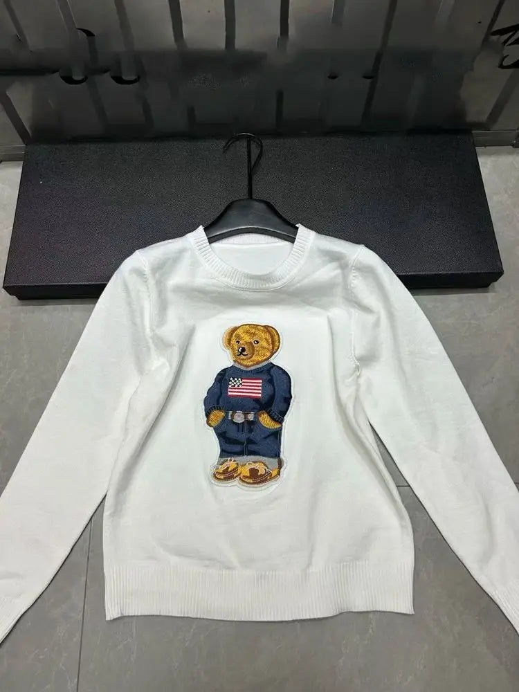 High Street Luxury French Ladies Embroidery Bear Knitted Pullover Sweater For Women Fashion Casual Knitwear Tops Pull Femme