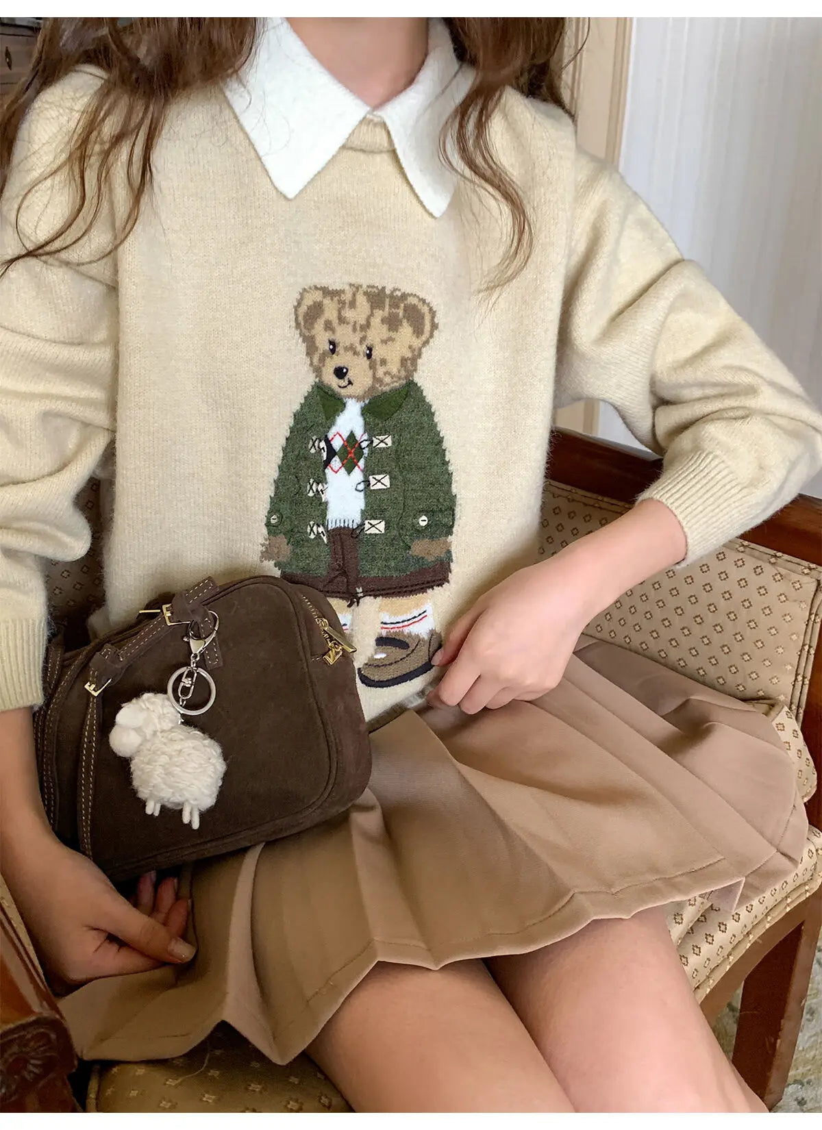 High Quality French Vintage Luxury Bear Jacquard Sweater For Women Autumn New Fashion Korean Casual Loose Pullover Knitted Tops