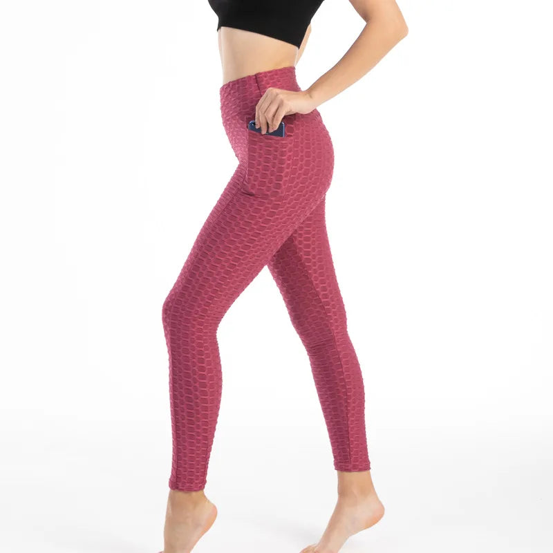 Leggings Women Fashion Pocket Bubble Pants Stretchy Slim Leggings Gym Running Cycling Fitness Pants High Waist Hip Lift Leggings Female