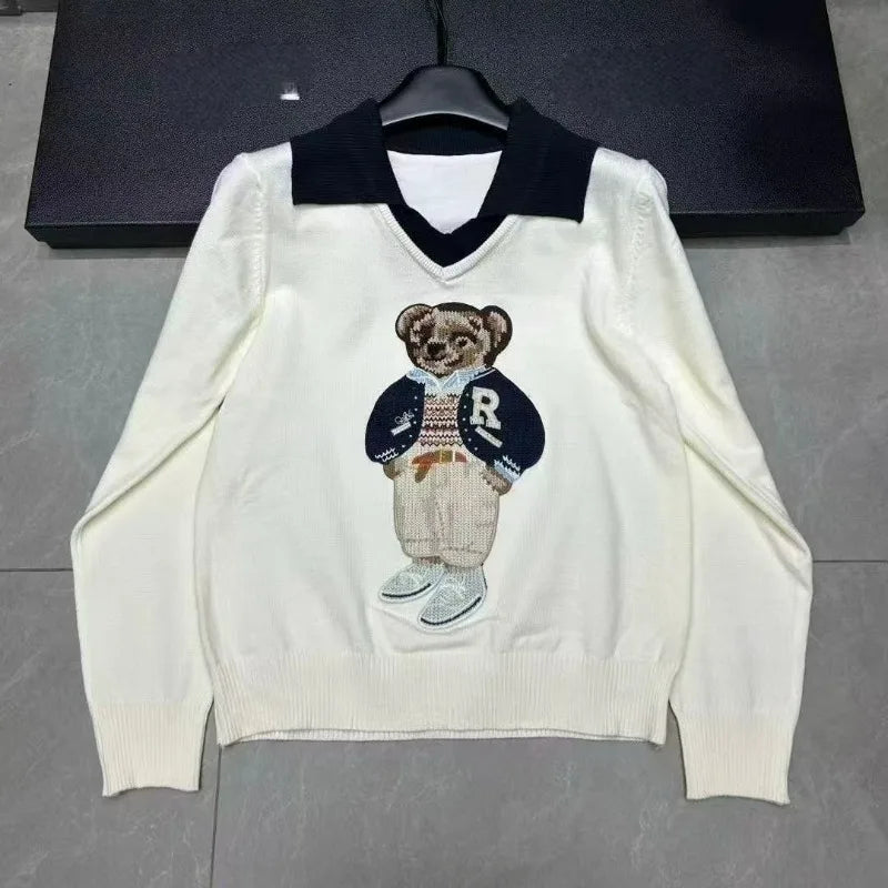 European Style Luxury Loose O-Neck Bear Pullover Women Autumn Winter Fashion Womens Tops Casual Ladies Knitted T-shirt Sweater