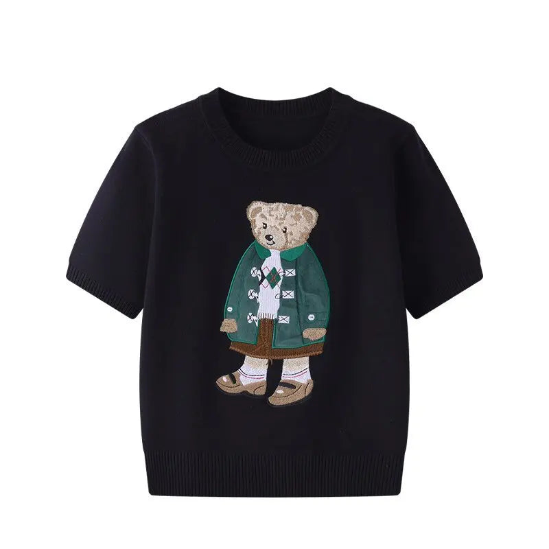 European Style Luxury Brand Loose O-Neck Bear Pullover Tops Knitwear Woman Short Sleeve T-shirt Ladies Wool Knitted Sweater