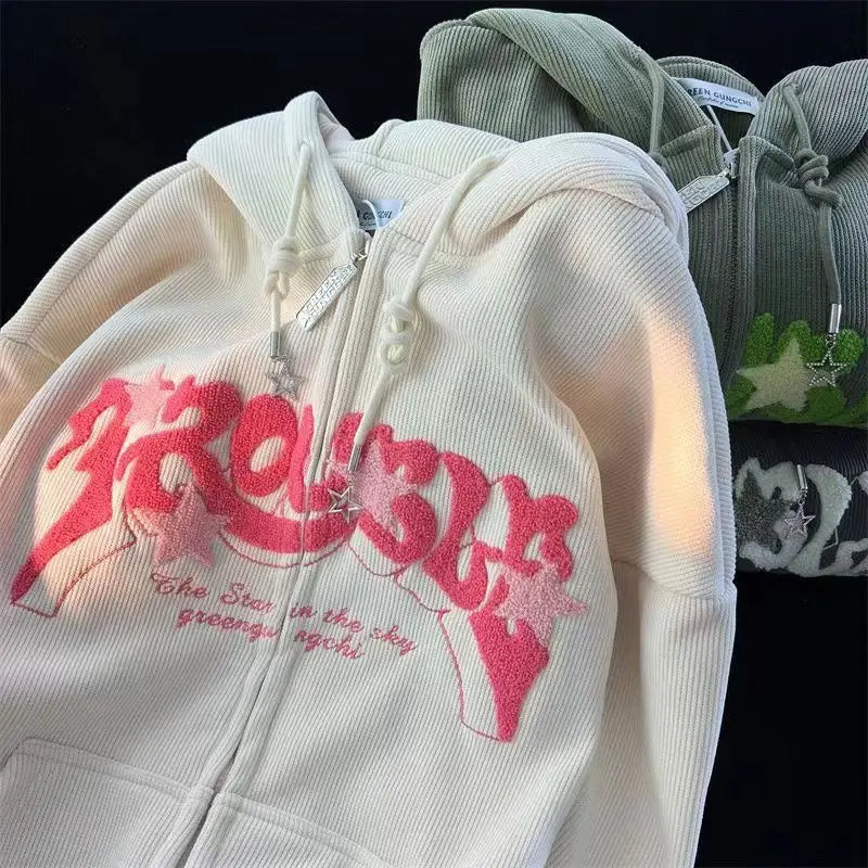 Hoodies Women Fashion Embroidery Zip Up Autumn Long Sleeve Tops Loose Hood Shirt Harajuku Y2K Clothes Female Sweatshirt Jacket