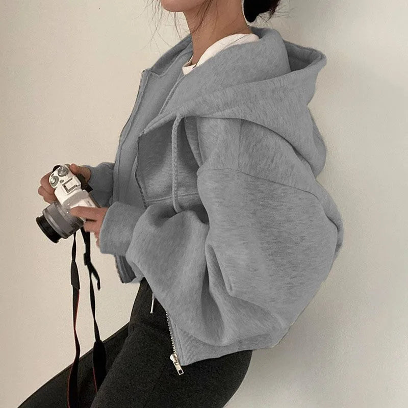 Hoodies Women Casual Streetwear Zip Up Sweatshirts Long Sleeve Jackets Harajuku Y2K Crop Tops Hood Shirt