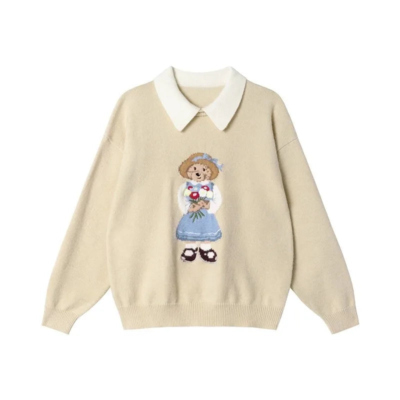 High Quality French Vintage Luxury Bear Jacquard Sweater For Women Autumn New Fashion Korean Casual Loose Pullover Knitted Tops