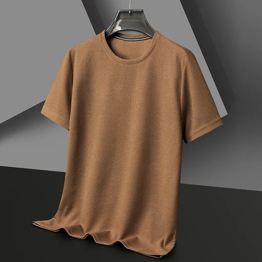 Men Short Sleeve Waffle round Neck Short Sleeve T-Shirt Comfortable Breathable Short-Sleeved Top for Casual Wear