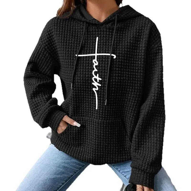 Fashionable Loose English Pattern Printed Hoodie Women's Street Style Polyester Waffle Fabric Long Sleeve Mid-Length Sweatshirt