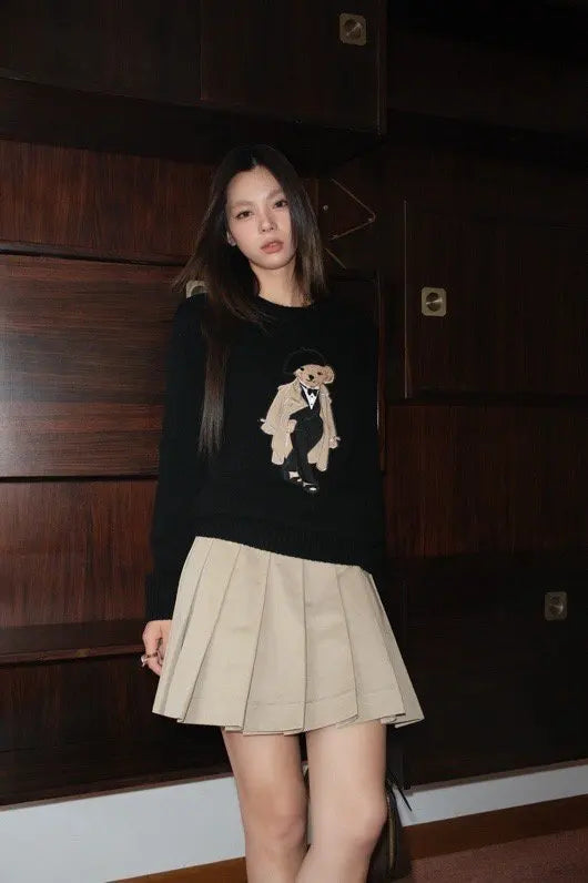 European Style Luxury Brand Loose O-Neck Bear Pullover Tops Knitwear Woman Long Sleeve T-shirt Ladies Wool Knitted Sweater Tops