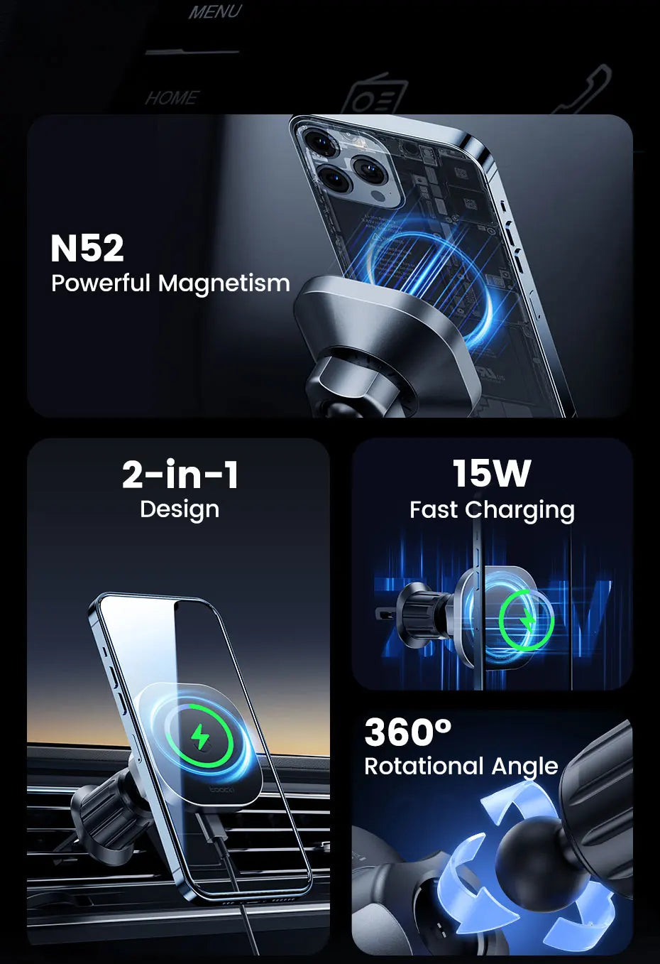 RENOWEARS Magnetic Car Wireless Charger Car Phone Holder Air Outlet 15W Fast Charging Charger in Car For iPhone 15 14 13 12 Pro Max