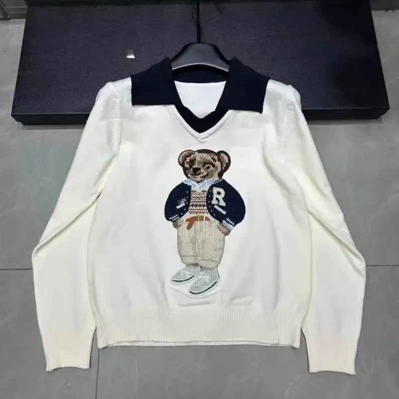 High Quality French Knitted Sweater Women Bear Cartoon Embroidery Long Sleeve Pullover Tops Jumper Korean Fashion Ladies Clothes